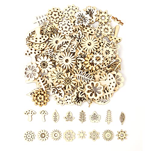 FRUHLING 100 Stück Holzblume und Blatt Scheiben Naturholzscheiben Holzscheiben Holzanhänger Holzstreuteile für Weihnachtsdeko Tischdeko Streudeko Hochzeitsdeko Sammelalben DIY Handwerk von FRUHLING
