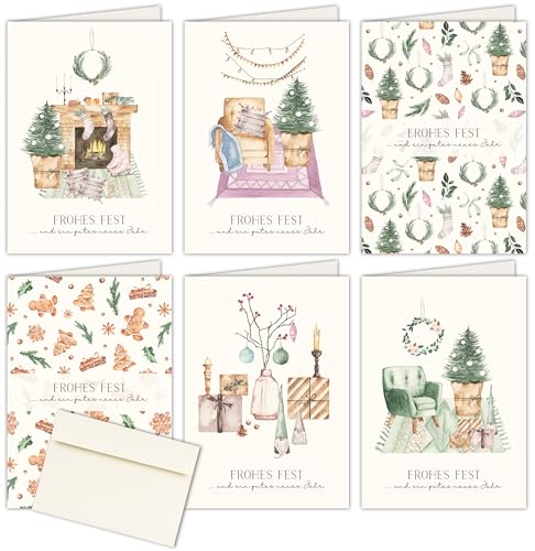 FRUITPRINTS 12x Weihnachtskarten & Umschläge I Motiv: Cozy Home I Klappkarten A6 I Creme I privat & geschäftlich von FRUITPRINTS