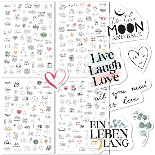 288 Aufkleber, TRANSPARENT, Hochzeit für Gästebuch, 4 Stickerbögen DIN A4, für Hochzeitsalbum, Einladungen, Dankeskarten, Sticker Scrapbook Bullet Journal (transparent) von FRUITPRINTS