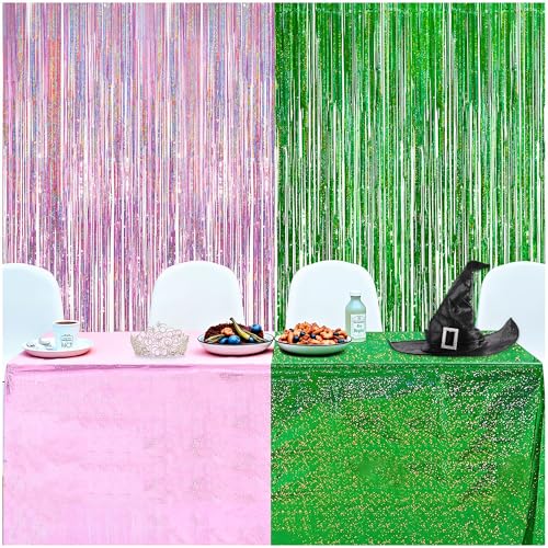 Grüne und rosa Lametta-Folien-Fransenvorhang und holografische Tischdecke, 2 Stück, 10 x 18 cm, Party-Streamer-Hintergründe, 2 Stück, 9 x 2 m, glänzende Tischdecken für Hexen-Themenparty-Dekorationen von FRUOR