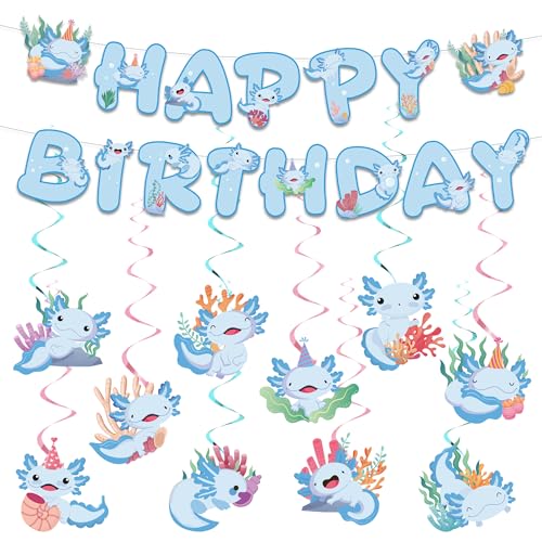 Axolotl Geburtstagsparty-Dekorationen, Banner – 12 Stück, blaue Dekoration, Happy Birthday-Banner, Hintergrund, Mini-Axolotl-hängende Wirbel, niedliche Tiere, Foto-Hintergrund für Mädchen, Jungen von FSADASY