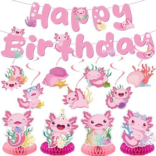 Axolotl Geburtstagsparty-Dekorationen, Banner – 12 Stück, rosa Dekoration, Happy Birthday-Banner, Hintergrund, Axolotl, hängende Wirbel, niedliche Tiere, Tischwaben, Tafelaufsätze, Gastgeschenke für Axolotl Geburtstagsparty-Dekorationen, Banner – 12 Stück, rosa Dekoration, Happy Birthday-Banner, Hintergrund, Axolotl, hängende Wirbel, niedliche Tiere, Tischwaben, Tafelaufsätze, Gastgeschenke für von FSADASY