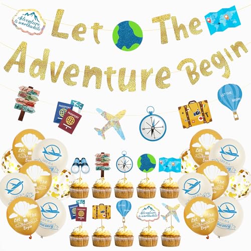 Bon Voyage Party-Dekorationen, Banner – 27 Stück, goldfarbener Glitzer, "Let The Adventure Begin", Banner, Gepäckkarten, Cupcake-Topper für Ruhestand, Abschied, Reisen, Abschied, Partyzubehör Bon Voyage Party-Dekorationen, Banner – 27 Stück, goldfarbener Glitzer, "Let The Adventure Begin", Banner, Gepäckkarten, Cupcake-Topper für Ruhestand, Abschied, Reisen, Abschied, Partyzubehör von FSADASY