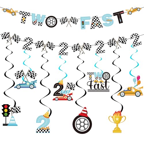 Dekoration für Jungen zum 2. Geburtstag, 10 Stück, zwei schnelle Geburtstagsdekoration, inklusive Banner und Rennwagen, hängende Wirbel für Kinder, Jungen, 2 Jahre alt, Rennwagen, Motto-Partyzubehör Dekoration für Jungen zum 2. Geburtstag, 10 Stück, zwei schnelle Geburtstagsdekoration, inklusive Banner und Rennwagen, hängende Wirbel für Kinder, Jungen, 2 Jahre alt, Rennwagen, Motto-Partyzubehör von FSADASY