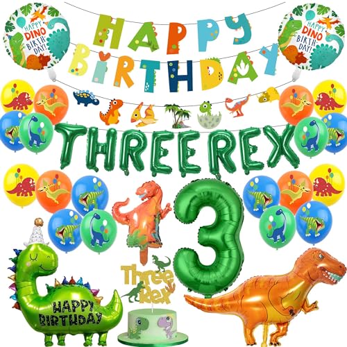 Dinosaurier 3. Geburtstag Dekorationen, Drei Rex Party Dekoration für Kinder Jungen Geburtstag, Dino Rex Folienballons Drei Rex Cake Toppers Happy Birthday Banner Dinosaurier Motto Party Supplies von FSADASY