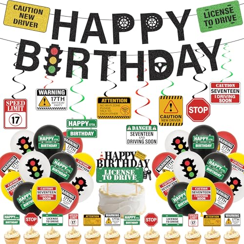 Fahranfänger-Geschenke zum 17. Geburtstag – 47 Stück Fahranfänger, hängende Wirbel, Luftballons, 17. Führerschein, Transport, Auto, Straßenschilder, Themenparty-Zubehör für 17 Jahre alte von FSADASY