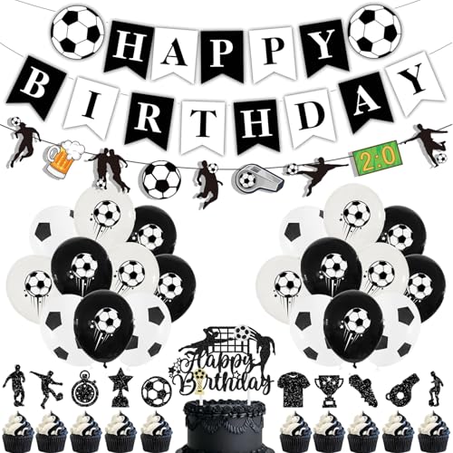 Geburtstagsparty-Dekorationen mit Fußballmotiven – 33 Stück, schwarz-weiße Dekoration, einschließlich Happy Birthday-Banner, Champion-Trophäe, Cupcake-Topper, Fußball-Latex-Luftballons für Sportpartys Geburtstagsparty-Dekorationen mit Fußballmotiven – 33 Stück, schwarz-weiße Dekoration, einschließlich Happy Birthday-Banner, Champion-Trophäe, Cupcake-Topper, Fußball-Latex-Luftballons für Sportpartys von FSADASY