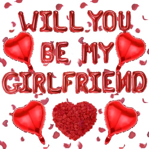 Luftballons mit Aufschrift "Will You Be My Girlfriend", rote Buchstaben- und Herzform, 40,6 cm Ballon-Buchstaben mit 500 künstlichen Rosenblättern für Valentinstagsbedarf Luftballons mit Aufschrift "Will You Be My Girlfriend", rote Buchstaben- und Herzform, 40,6 cm Ballon-Buchstaben mit 500 künstlichen Rosenblättern für Valentinstagsbedarf von FSADASY