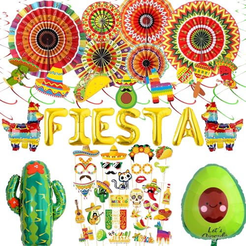 Mexikanische Party-Dekorationen, Fiesta-Thema, mehrfarbig, Papierfächer, Banner, Fiesta, Buchstabenballons, Kaktus, Piñata, Avocado-Ballon für Cinco de Mayo, Taco, Karneval, Motto-Party, Partyzubehör Mexikanische Party-Dekorationen, Fiesta-Thema, mehrfarbig, Papierfächer, Banner, Fiesta, Buchstabenballons, Kaktus, Piñata, Avocado-Ballon für Cinco de Mayo, Taco, Karneval, Motto-Party, Partyzubehör von FSADASY