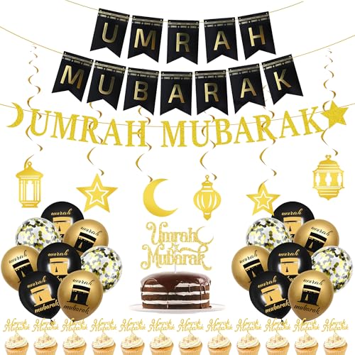 Umrah Mubarak Dekoration Ramadan Ballon - 38 Stück Schwarz Gold Umrah Mubarak Banner, Mond Stern hängende Wirbel, Kuchenaufsätze, Latexballons für muslimische Eid Dekorationen Umrah Mubarak Dekoration Ramadan Ballon - 38 Stück Schwarz Gold Umrah Mubarak Banner, Mond Stern hängende Wirbel, Kuchenaufsätze, Latexballons für muslimische Eid Dekorationen von FSADASY