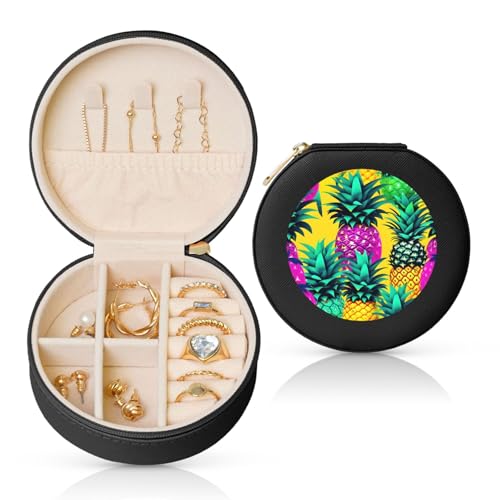FSCEV Bunte Ananas-Schmuckschatulle, rund, Leder, tragbar, für den täglichen Gebrauch, kleine Zubehörbox FSCEV Bunte Ananas-Schmuckschatulle, rund, Leder, tragbar, für den täglichen Gebrauch, kleine Zubehörbox von FSCEV
