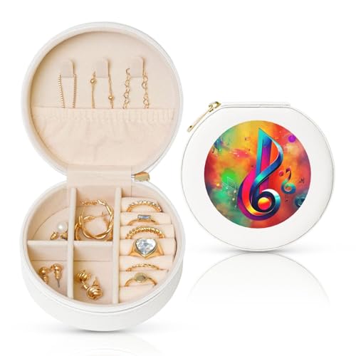 FSCEV Bunte Schmuckschatulle mit Musiknoten, rund, Leder, tragbar, für den täglichen Gebrauch, kleine Zubehörbox FSCEV Bunte Schmuckschatulle mit Musiknoten, rund, Leder, tragbar, für den täglichen Gebrauch, kleine Zubehörbox von FSCEV