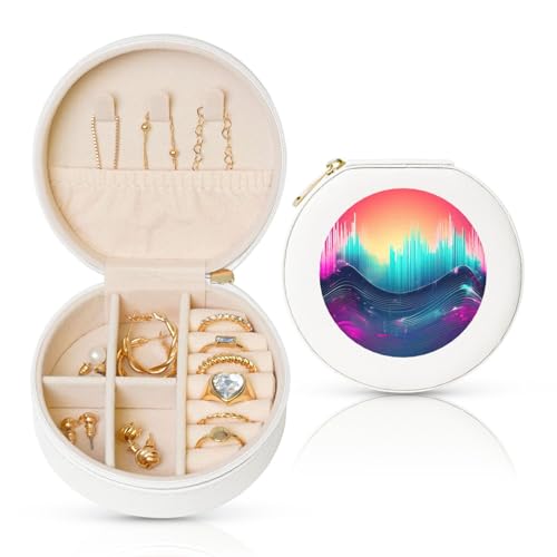 FSCEV Coole Musik-Schallwellen-Schmuckschatulle, rund, Leder, tragbar, für den täglichen Gebrauch, kleine Zubehörbox FSCEV Coole Musik-Schallwellen-Schmuckschatulle, rund, Leder, tragbar, für den täglichen Gebrauch, kleine Zubehörbox von FSCEV