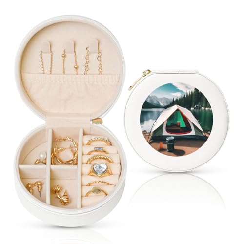 FSCEV Lake Camping Runde Leder-Schmuckschatulle, Organizer, tragbar, täglicher Schmuck, kleine Zubehörbox FSCEV Lake Camping Runde Leder-Schmuckschatulle, Organizer, tragbar, täglicher Schmuck, kleine Zubehörbox von FSCEV