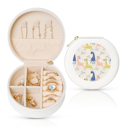 FSCEV Niedliche Giraffe runde Leder-Schmuckschatulle, Organizer, tragbar, täglicher Schmuck, kleine Zubehörbox FSCEV Niedliche Giraffe runde Leder-Schmuckschatulle, Organizer, tragbar, täglicher Schmuck, kleine Zubehörbox von FSCEV
