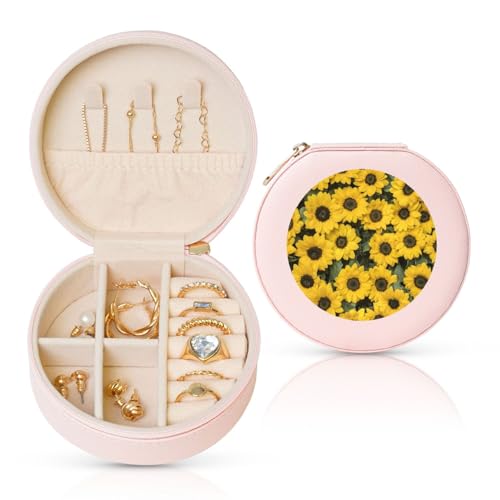FSCEV Niedliche Sonnenblumen-Schmuckschatulle aus Leder, rund, tragbar, für den täglichen Gebrauch, kleine Zubehörbox FSCEV Niedliche Sonnenblumen-Schmuckschatulle aus Leder, rund, tragbar, für den täglichen Gebrauch, kleine Zubehörbox von FSCEV