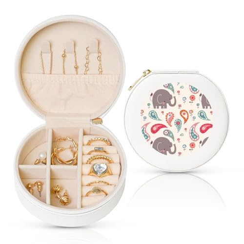 FSCEV Runde Leder-Schmuckschatulle mit Elefantenmotiv, tragbar, für den täglichen Gebrauch, kleine Zubehörbox von FSCEV