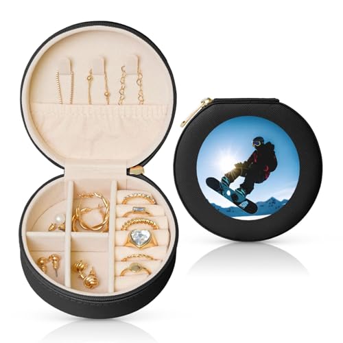 FSCEV Runde Leder-Schmuckschatulle mit Snowboard-Bildern, Organizer, tragbar, täglicher Schmuck, kleine Zubehörbox FSCEV Runde Leder-Schmuckschatulle mit Snowboard-Bildern, Organizer, tragbar, täglicher Schmuck, kleine Zubehörbox von FSCEV