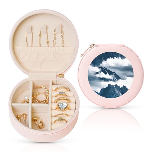 FSCEV Runde Schmuckschatulle aus Leder, Motiv: Landschaft mit Bergen und Wolken, tragbar, für den täglichen Gebrauch, kleine Zubehörbox FSCEV Runde Schmuckschatulle aus Leder, Motiv: Landschaft mit Bergen und Wolken, tragbar, für den täglichen Gebrauch, kleine Zubehörbox von FSCEV