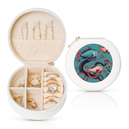 FSCEV Runde Schmuckschatulle aus Leder mit Fisch und Oktopus, tragbar, für den täglichen Gebrauch, kleine Zubehörbox FSCEV Runde Schmuckschatulle aus Leder mit Fisch und Oktopus, tragbar, für den täglichen Gebrauch, kleine Zubehörbox von FSCEV