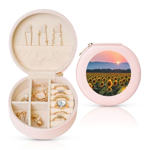 FSCEV Runde Schmuckschatulle mit Sonnenblumen- und Sonnenblumen-Motiv, Leder, tragbar, für den täglichen Gebrauch, kleine Zubehörbox FSCEV Runde Schmuckschatulle mit Sonnenblumen- und Sonnenblumen-Motiv, Leder, tragbar, für den täglichen Gebrauch, kleine Zubehörbox von FSCEV