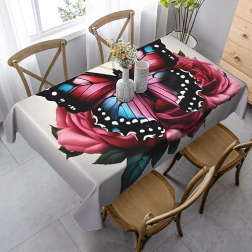 FSCEV Tischdecke mit Rosen und Schmetterlingen, rechteckig, für Küche, Esszimmer, Innen- und Außenbereich von FSCEV
