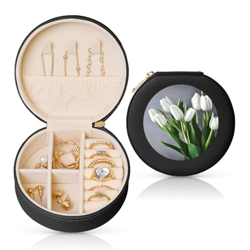 FSCEV Weiße Tulpen Blumen Runde Leder Schmuckschatulle Organizer Tragbar Täglicher Schmuck Kleine Zubehörbox FSCEV Weiße Tulpen Blumen Runde Leder Schmuckschatulle Organizer Tragbar Täglicher Schmuck Kleine Zubehörbox von FSCEV