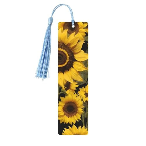 Goldene Sonnenblumen-Holz-Lesezeichen zum Aufhängen, Ornamente, rechteckige Lesezeichen mit Löchern und Seilen von FSCEV