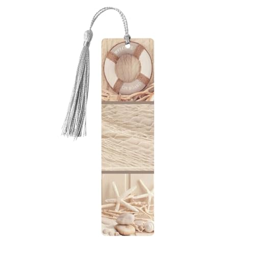 Lesezeichen aus Holz, Motiv: Boot, Strand, Seestern, Muschel, Basteln, hängende Etiketten, Ornamente, rechteckige Lesezeichen mit Löchern und Seilen von FSCEV