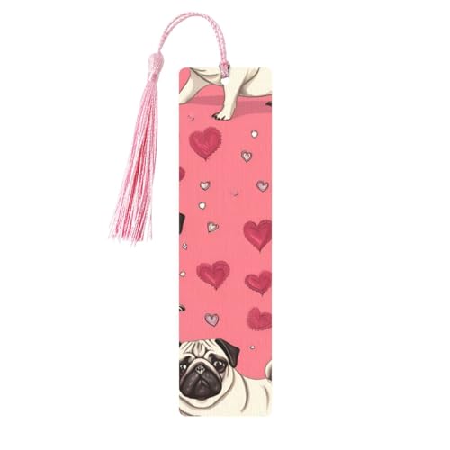 Lesezeichen mit Cartoon-Mops-Motiv, Holz, zum Aufhängen, Ornamente, rechteckige Lesezeichen mit Löchern und Seilen von FSCEV