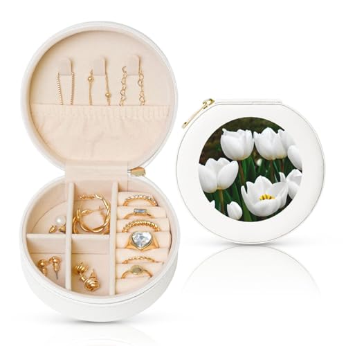 Weiße Tulpen Blume Runde Leder Schmuckschatulle Organizer Tragbar Täglicher Schmuck Kleine Zubehörbox Weiße Tulpen Blume Runde Leder Schmuckschatulle Organizer Tragbar Täglicher Schmuck Kleine Zubehörbox von FSCEV