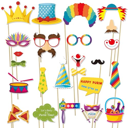Happy Purim Photo Booth Props Set - Lustige Purim Party Favors Dekorationen jüdisches Festival Karneval Party Supplies - Happy Purim Party Photo Booth Props Kit - Set mit 24 Stück von FSHANEE