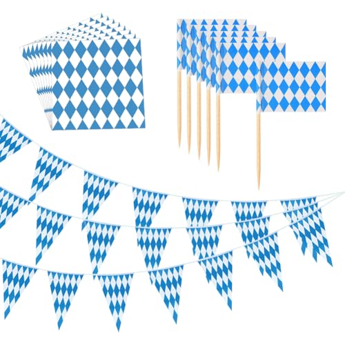 100 Stück Bierfest-Cupcake-Topper, 40 Stück blau-weiße Papierservietten, 10 m, dreieckige Papier-Wimpelkette, Banner, Bierfest, Party-Dekorationen für Zuhause, Garten 100 Stück Bierfest-Cupcake-Topper, 40 Stück blau-weiße Papierservietten, 10 m, dreieckige Papier-Wimpelkette, Banner, Bierfest, Party-Dekorationen für Zuhause, Garten von FSSTUD