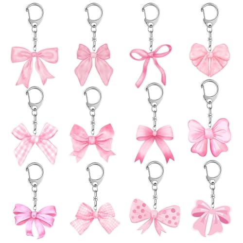 12 Stück rosa Acryl-Schleifen-Schlüsselanhänger, kleine Schleife, Geldbörse, Charm, Schleife, Taschenanhänger, niedlicher Schlüsselanhänger, Babyparty, Party, Gastgeschenke, Schlüsselanhänger mit von FSSTUD