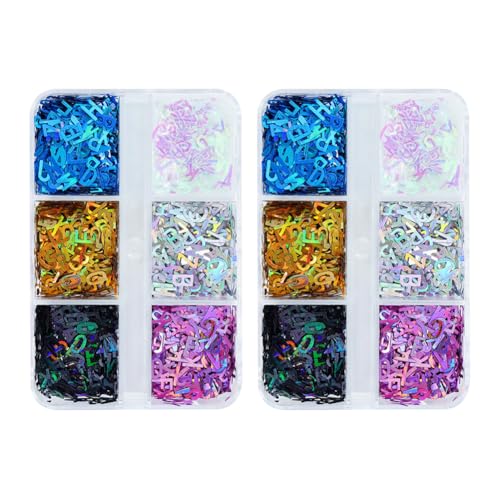 2 Boxen mit kleinen Glitzer-Buchstaben, buntes Nagel-Konfetti, Glitzer, glänzende Nagelflocken, holografische Nageldesigns, Epoxidharz-Formfüllungen, Maniküre, Kunstdekorationen für Nagelstudios 2 Boxen mit kleinen Glitzer-Buchstaben, buntes Nagel-Konfetti, Glitzer, glänzende Nagelflocken, holografische Nageldesigns, Epoxidharz-Formfüllungen, Maniküre, Kunstdekorationen für Nagelstudios von FSSTUD