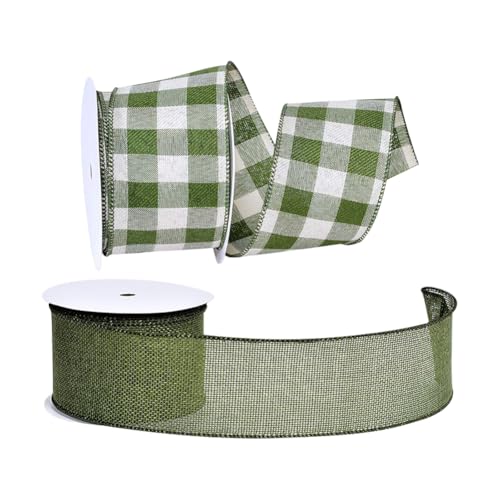 2 Rollen 4,5 m x 6,3 cm breit, verdrahtet, Gingham-Karoband, Büffelkaro, Juteband, einfarbig, Stoffbänder, Drahtrand, Geschenkverpackungsbänder, Grün und Weiß 2 Rollen 4,5 m x 6,3 cm breit, verdrahtet, Gingham-Karoband, Büffelkaro, Juteband, einfarbig, Stoffbänder, Drahtrand, Geschenkverpackungsbänder, Grün und Weiß von FSSTUD