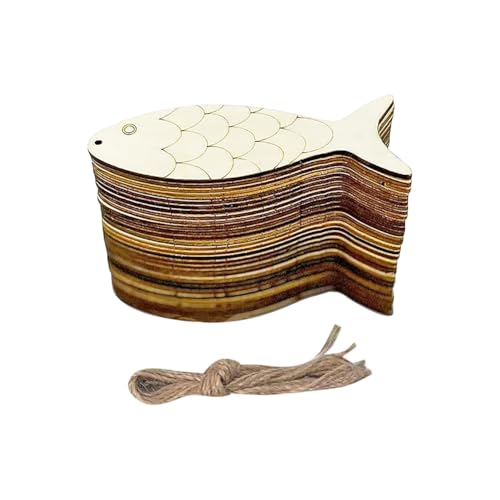 30 Stück unlackierte Holz-Fischausschnitte, Holz-Fische, Tier-Holzausschnitte, blanko, Holzmalerei mit 30 Stück 30 cm Hanfseil für Heimdekoration von FSSTUD
