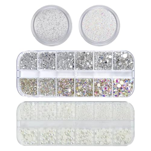 4 Boxen mit flacher Rückseite, Kunstperlen und Strasssteine, halbrunde Kunststoff-Nagelperlen, Mini-AB-Farbe, Nagel-Strasssteine, glitzernde Kristall-Nägel, Charms, Fingernagelkunst-Edelsteine für von FSSTUD