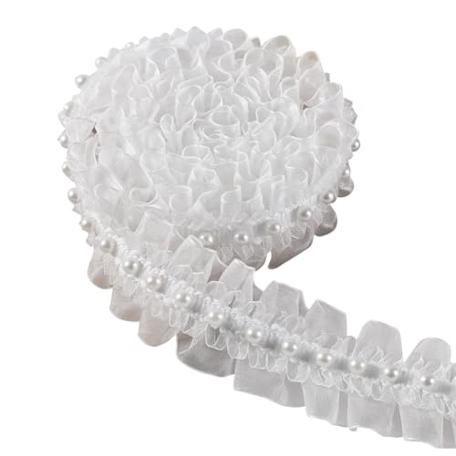 4 Meter 4 cm plissierter Organza-Spitzenrand mit Perlenverzierung, Chiffon, Rüschenborte, Blume, Tüll, Stoffband, weißes Hochzeitskleid, Zierborten für DIY-Projekte von FSSTUD