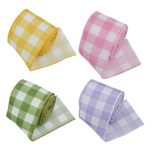 4 Rollen 5 cm x 4,5 m Frühlingsbüffelkarierte Bänder mit Drahtrand Pastellband Osterparty Geschenkverpackungsbänder karierte Schleife Herstellung Band Dekorative Bauernhaus Handwerk Urlaub Stoffbedarf von FSSTUD