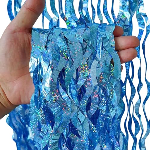 4 Stück 2 x 1 m gewellte Folie Fransenvorhang Hintergrund schimmernde Lametta-Vorhänge Geburtstag Türvorhänge Glitzer Hochzeit Dusche Luftschlangen Junggesellinnenabschied Folienhintergrund Hellblau von FSSTUD