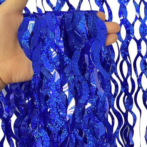 4 Stück 2 x 1 m gewellte Folien-Fransenvorhang Hintergrund schimmernde Lametta-Vorhänge Geburtstag Türvorhänge Glitzer Hochzeit Dusche Luftschlangen Junggesellinnenabschied Folienhintergrund Blau von FSSTUD