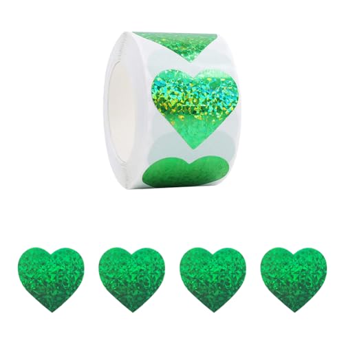 500 Stück 3,8 cm Glitzer-Herz-Aufkleber, Valentinstag, Liebe, Herz-Aufkleber, große Herz-Etiketten, selbstklebende Laser-Herz-Aufkleber, Umschläge, Liebesetiketten für Hochzeitstage, Grün von FSSTUD