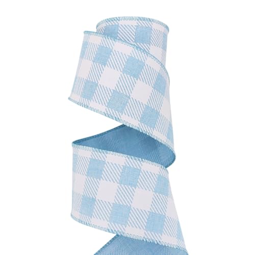 9,1 m x 63 mm breites Gingham-Band mit Drahtrand, Osterkariert, Juteband, Geschenkverpackung, karierte Bänder, Frühlings- und Sommerkranzbänder für Heimdekoration, Blau und Weiß von FSSTUD