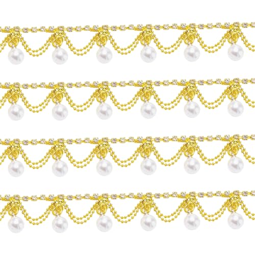 91 cm x 2 cm Strass Perle Fransen Trim Perlen Kristall Quaste Kette Hochzeit Brautkleid Verzierung Trims Dekorative Kleidungsborten Diamant Applikation Band Streifen für Kleidung Nähen Golden von FSSTUD