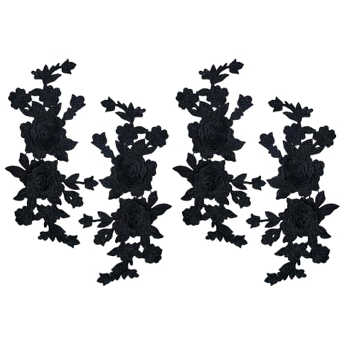 Aufnäher mit Rosenmotiv, bestickt, Blumenapplikationen, Blumenspitze, Stickerei-Applikationen, Retro-Blumenaufnäher, Kleidung, Applikation, Blumen für Kopfbedeckung, Schwarz, 4 Stück von FSSTUD