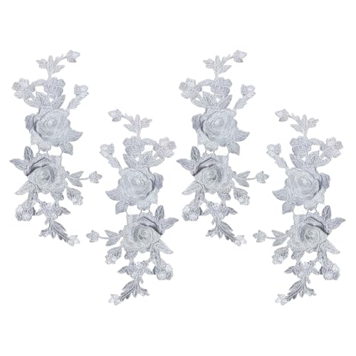 Aufnäher mit Rosenmotiv, bestickt, Blumenapplikationen, Blumenspitze, Stickerei-Applikationen, Retro-Blumenaufnäher, Kleidung, Applikation, Blumen für Kopfbedeckung, Weiß, 4 Stück von FSSTUD