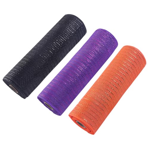 Dekoratives Netzband mit Folie, Weihnachtsbaumdekoration, Metallic-Kranzherstellung, für Haustür, Bastelband, Poly-Geschenkband, Schwarz, Lila, Orange, 3 Rollen, 9,1 m x 25,4 cm von FSSTUD