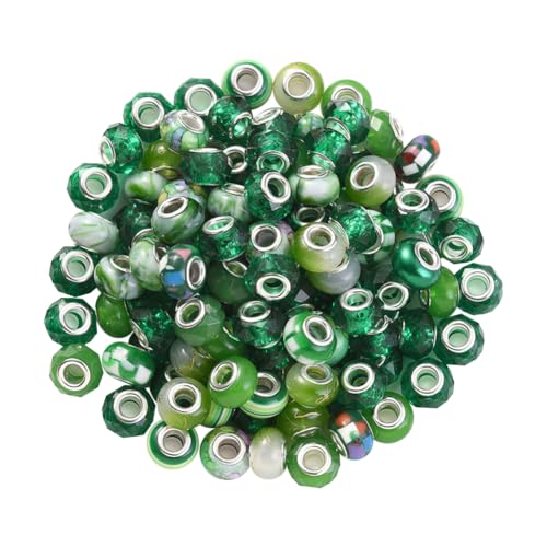 FSSTUD 100 Stück 14 mm sortierte große Löcher, europäische Perlen, große Lampwork-Abstandshalter, Glitzer, Schmuckherstellung, Perlen, Feengarten, Strass, Bastelperlen für Armband, Halskette, Grün von FSSTUD
