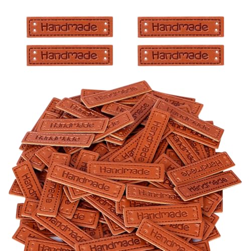 FSSTUD 100 Stück 4 x 1 cm Kunstleder Handgefertigte Etiketten Nähen Etiketten DIY Handwerk Geprägte Etiketten Handgefertigte Kleidung Etiketten Strickartikel Tag Häkeln Projektanhänger mit Löchern für von FSSTUD